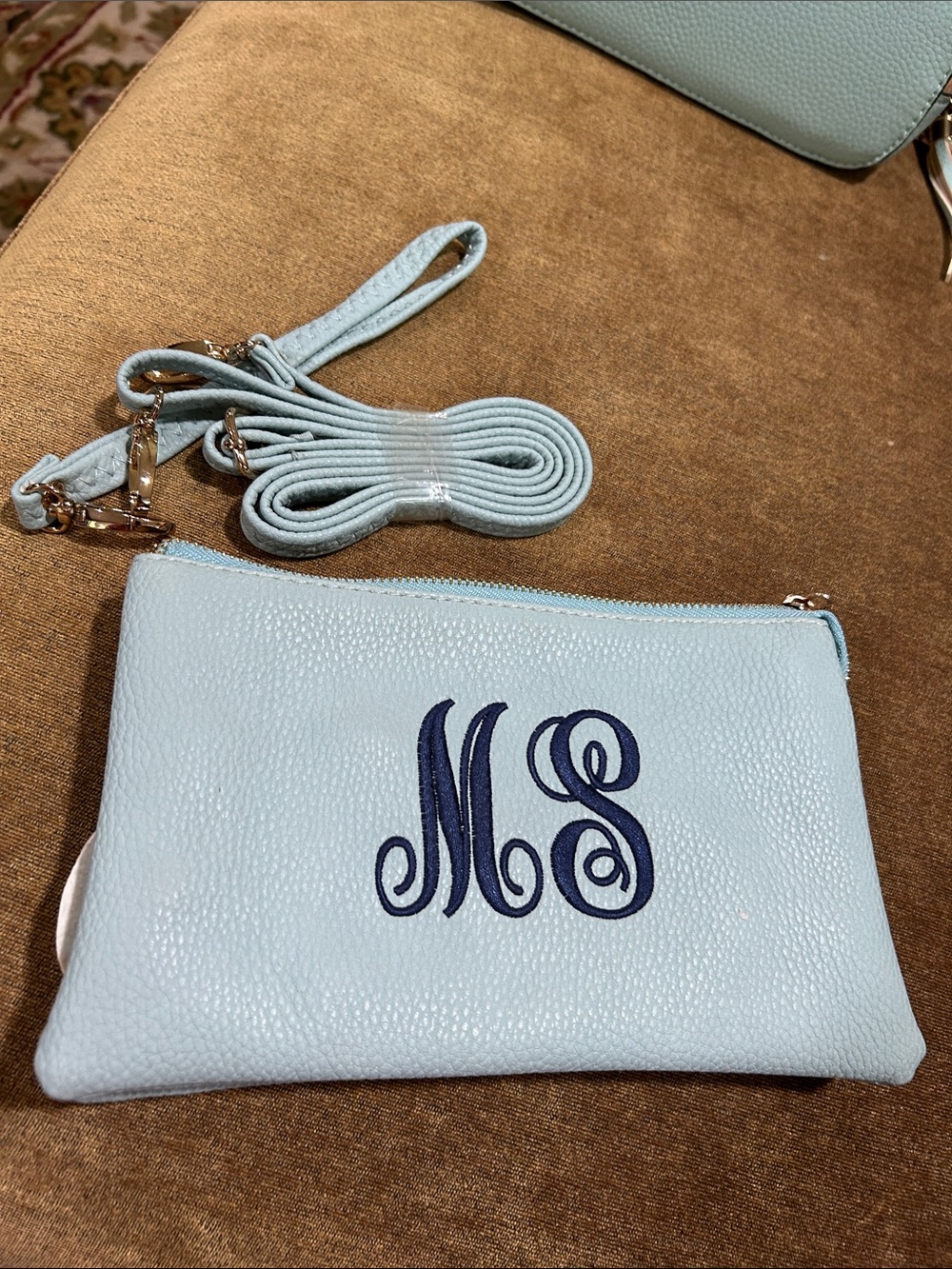 NWOTS! 
Personalized Light Blue Leather Crossbody Wristlet with Monogram “MS”
